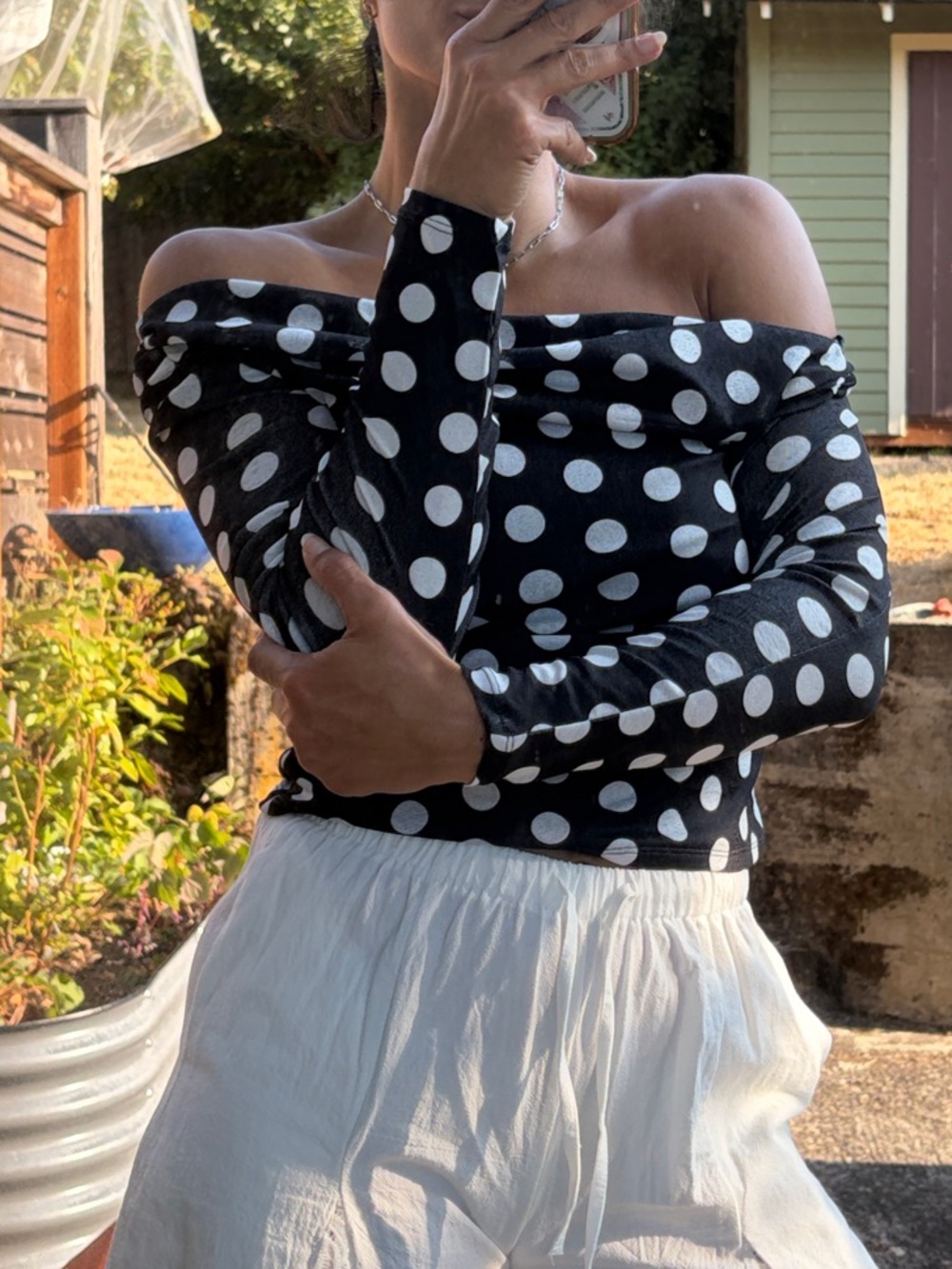 Urban Outfitters Black & White Polka Dot Off-Shoulder Crop Top